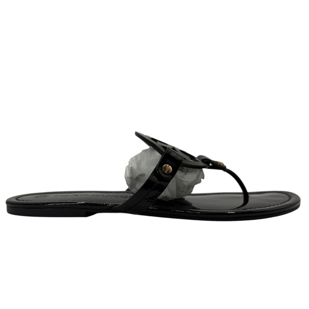 Tory Burch Miller Patent Leather Sandals Womens 10 Black Thong Logo - Picture 4 of 10